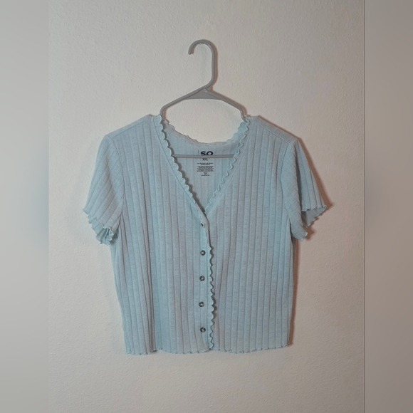 SO Tops - SO Ribbed Button Front Crop Y2K Trendy Top Light Blue Lettuce Edge XXL